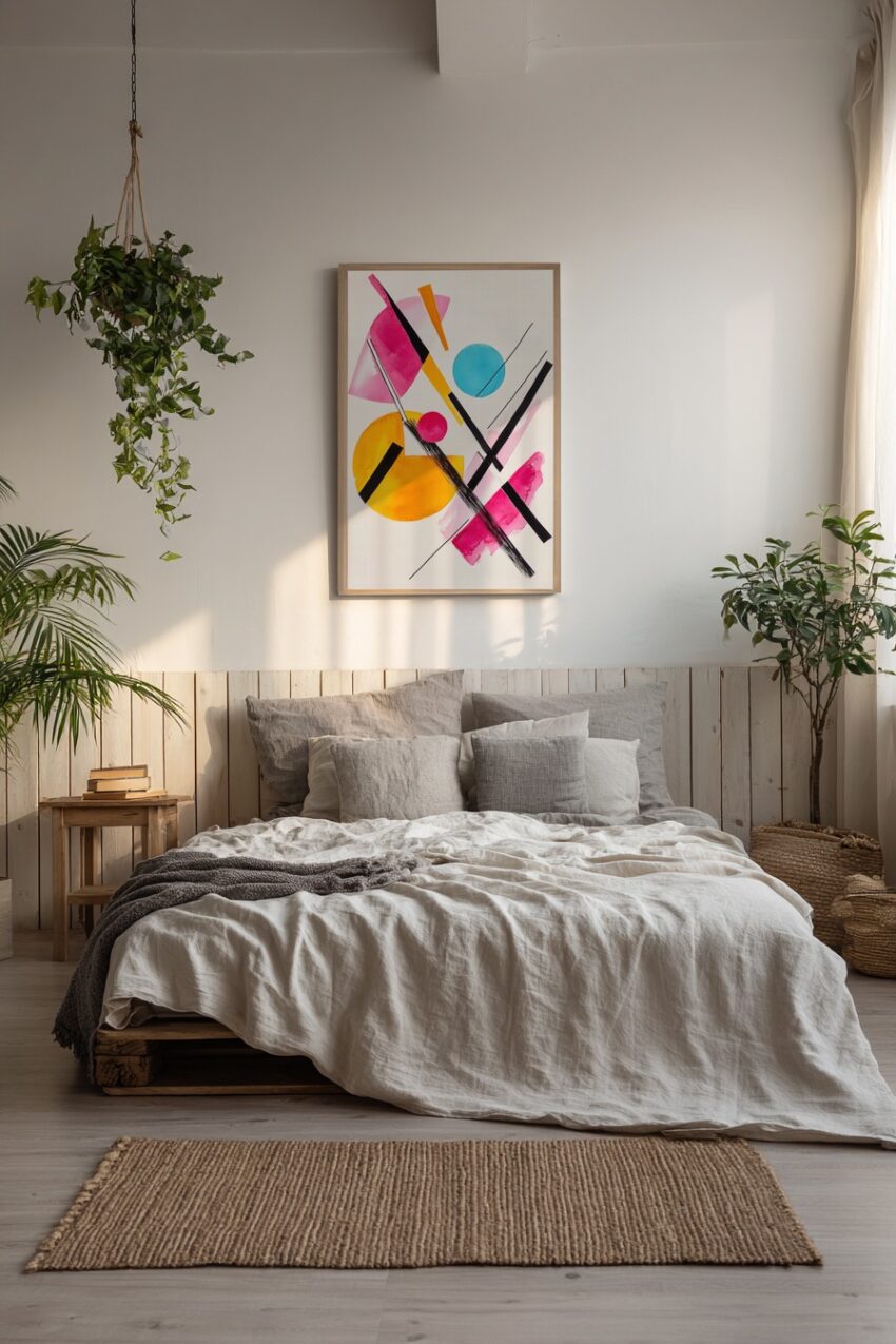 Abstraktes Poster mit bunten Kreisen und geometrischen Linien in Pink, Blau, Gelb und Schwarz in moderner Gestaltung