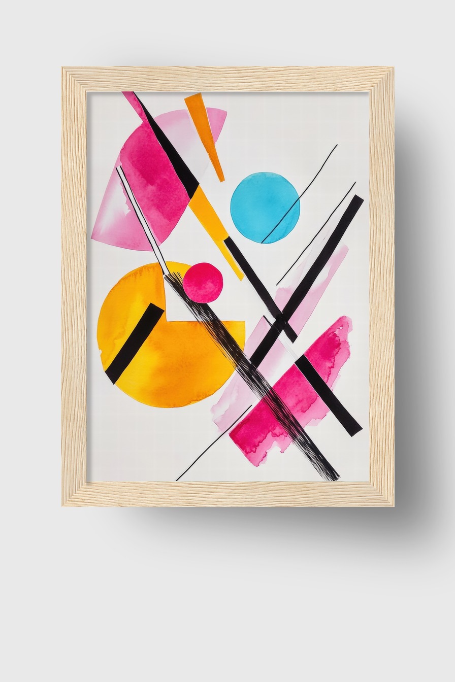 Abstraktes Poster mit bunten Kreisen und geometrischen Linien in Pink, Blau, Gelb und Schwarz in moderner Gestaltung