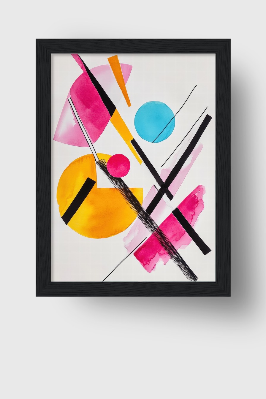 Abstraktes Poster mit bunten Kreisen und geometrischen Linien in Pink, Blau, Gelb und Schwarz in moderner Gestaltung