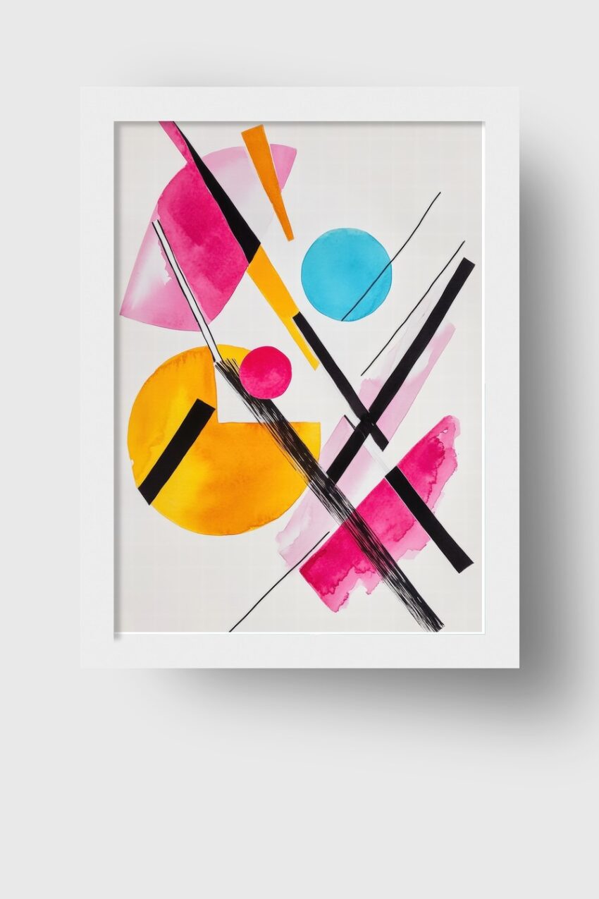 Abstraktes Poster mit bunten Kreisen und geometrischen Linien in Pink, Blau, Gelb und Schwarz in moderner Gestaltung