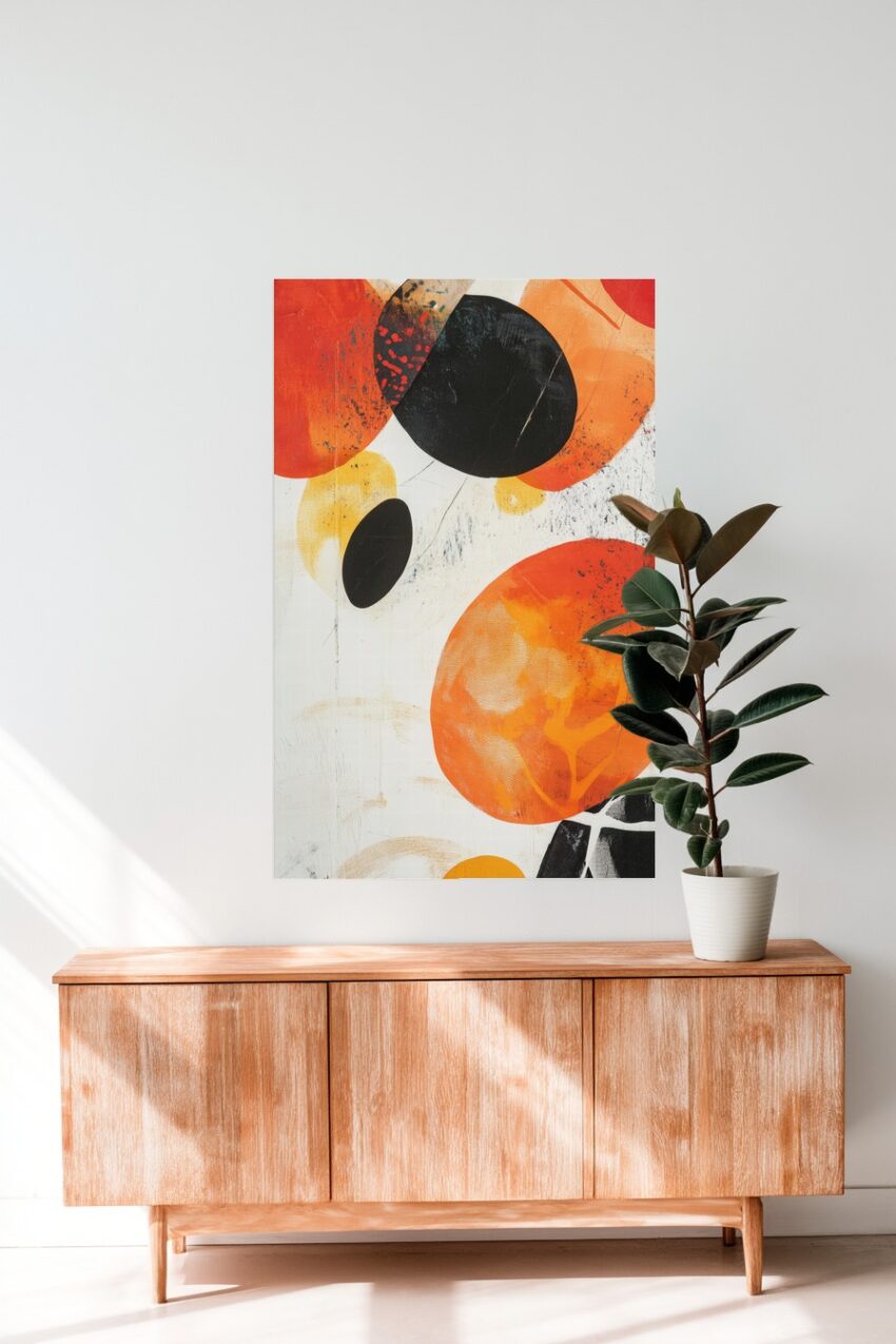 Abstraktes Poster mit ovalen Flecken in Orange, Schwarz und Beige in modernem Stil