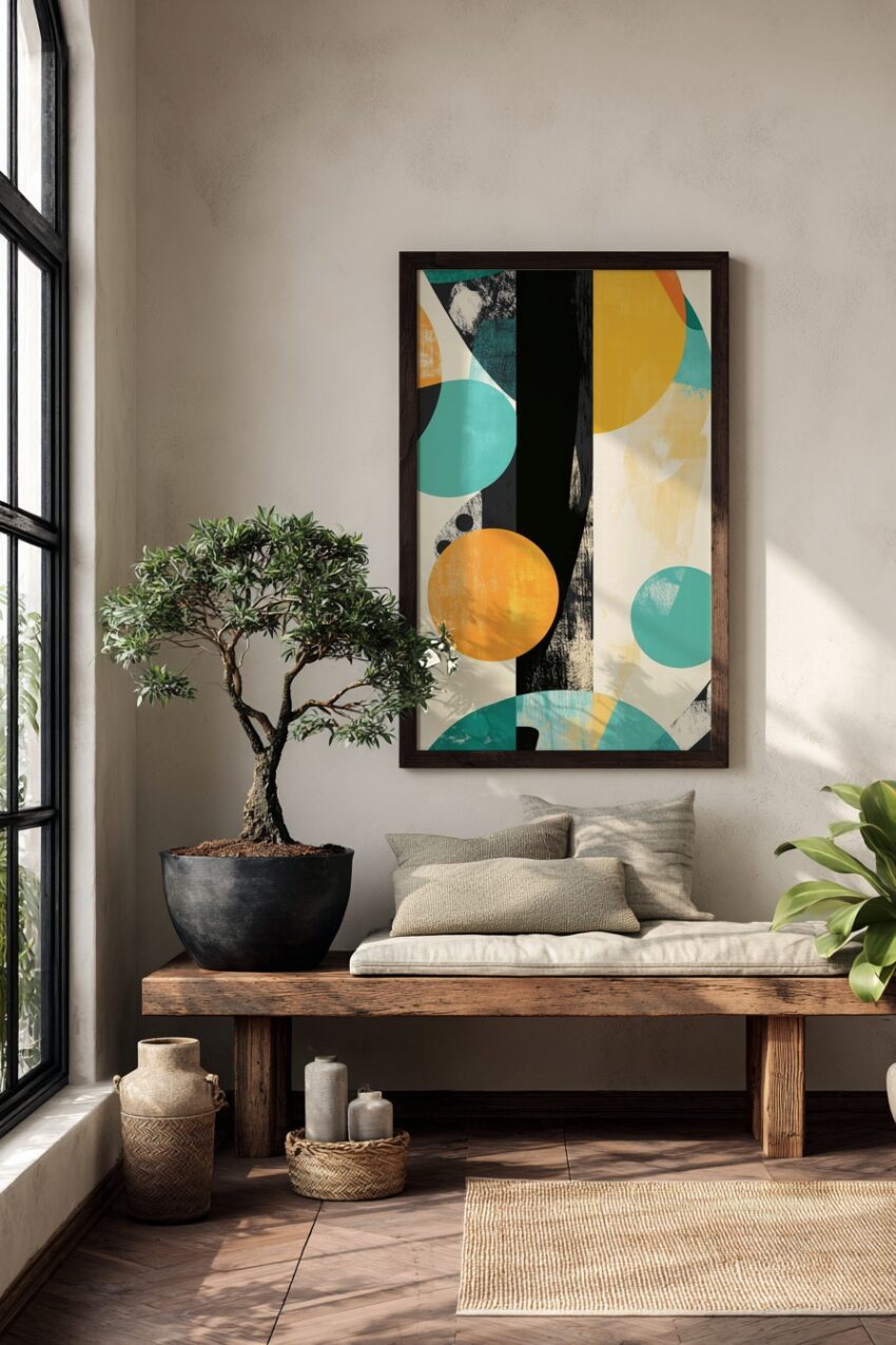 Abstraktes Poster mit bunten Kreisen und schwarzem Balken in modernen Farben Orange und Türkis