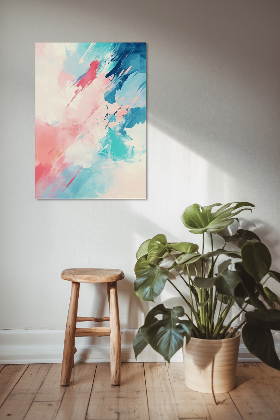 Abstraktes Wandbild mit pastelligen Farbflächen in Blau, Rosa und Türkis als moderner Kunstdruck