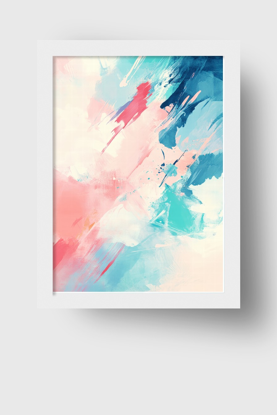 Abstraktes Wandbild mit pastelligen Farbflächen in Blau, Rosa und Türkis als moderner Kunstdruck