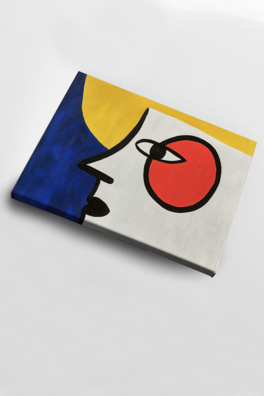 Poster mit abstraktem Gesicht in rot, gelb und blau in modernem minimalistischen Stil