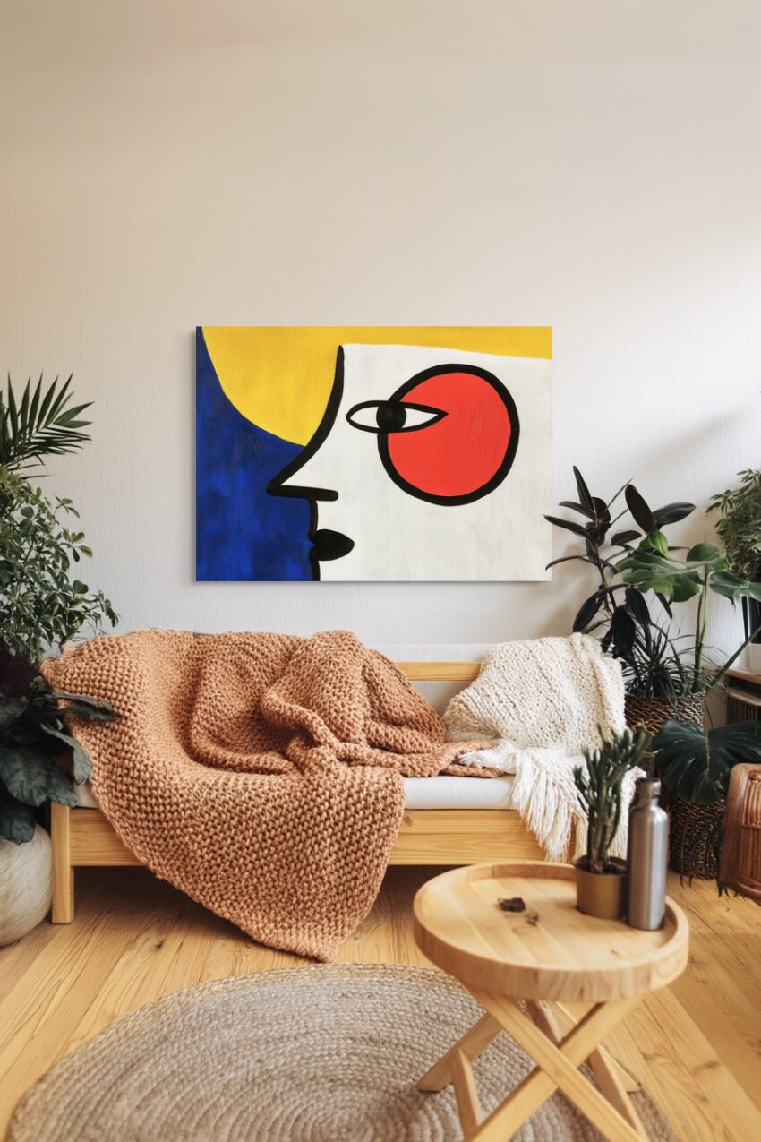 Poster mit abstraktem Gesicht in rot, gelb und blau in modernem minimalistischen Stil