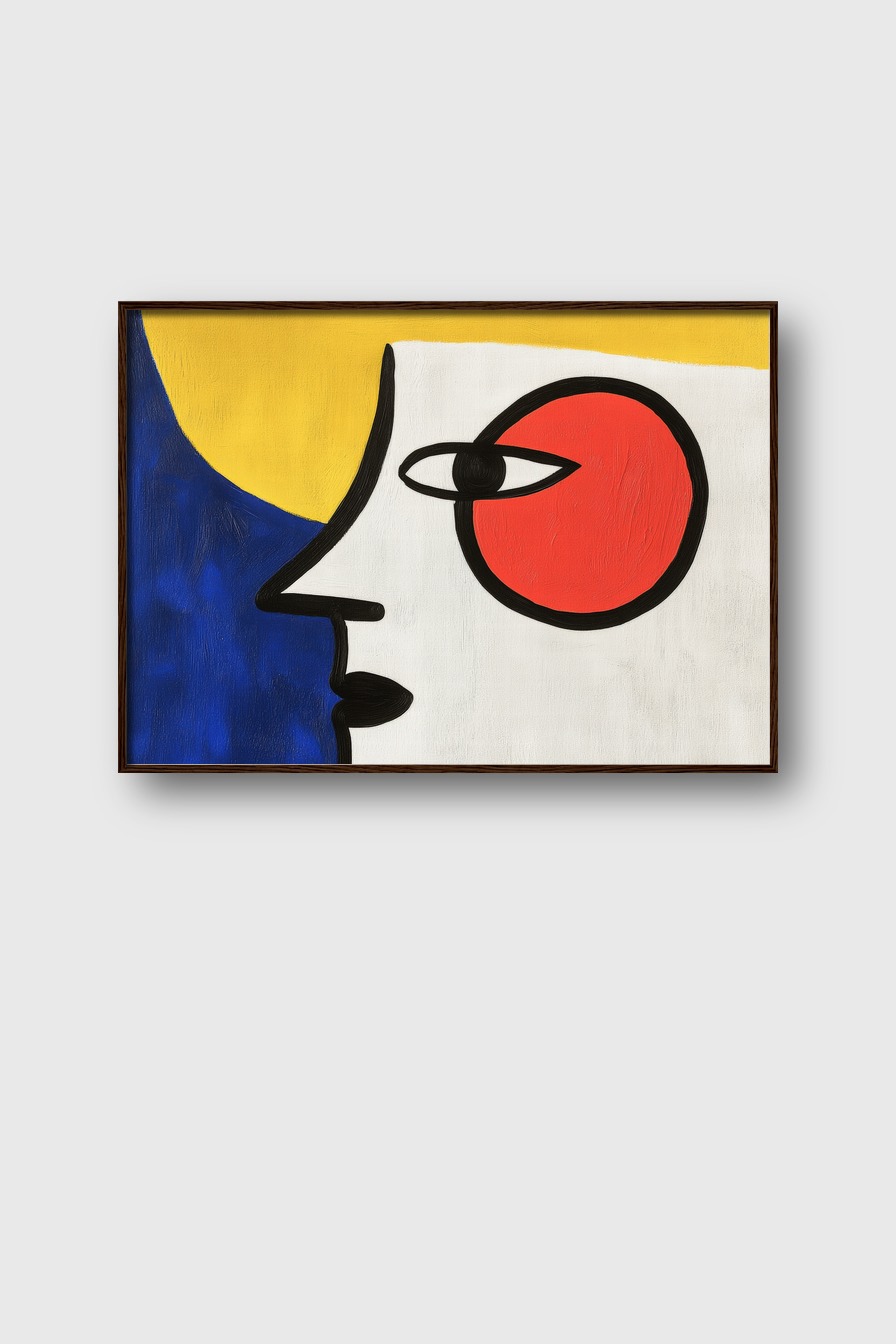 Poster mit abstraktem Gesicht in rot, gelb und blau in modernem minimalistischen Stil