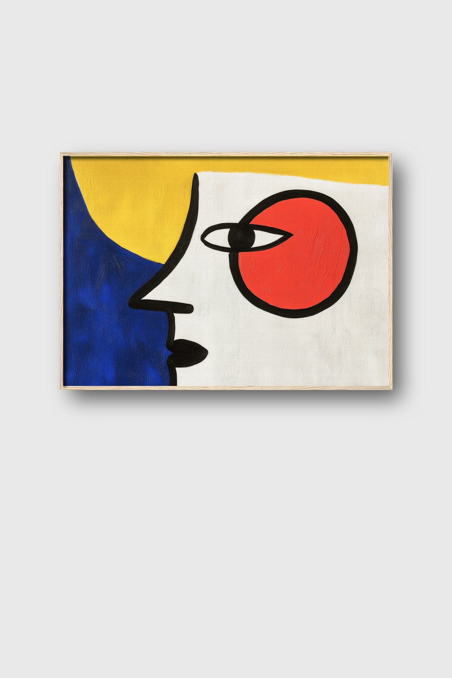 Poster mit abstraktem Gesicht in rot, gelb und blau in modernem minimalistischen Stil