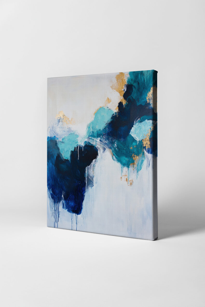 Moderner abstrakter Kunstdruck mit blauen und goldenen Farbflächen und fließenden Übergängen