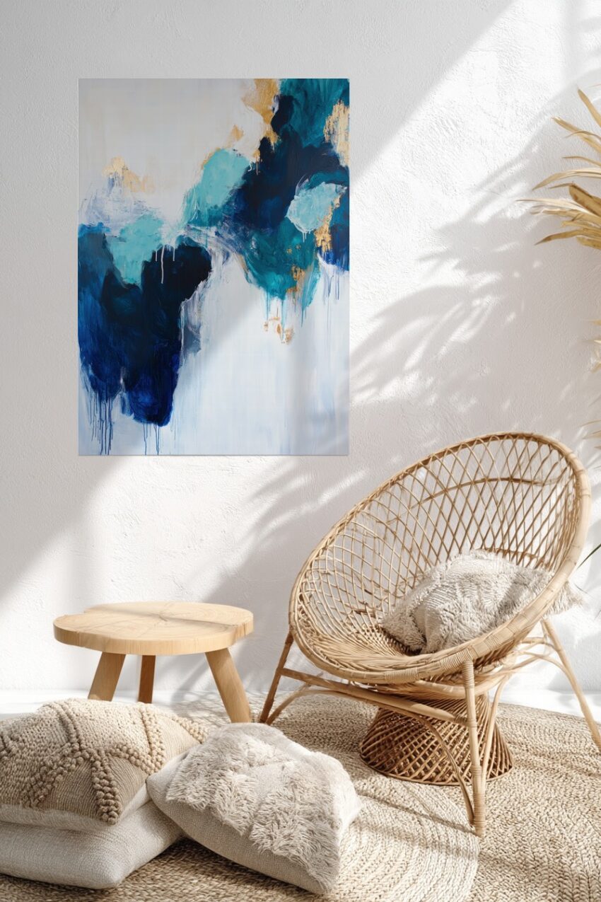 Moderner abstrakter Kunstdruck mit blauen und goldenen Farbflächen und fließenden Übergängen