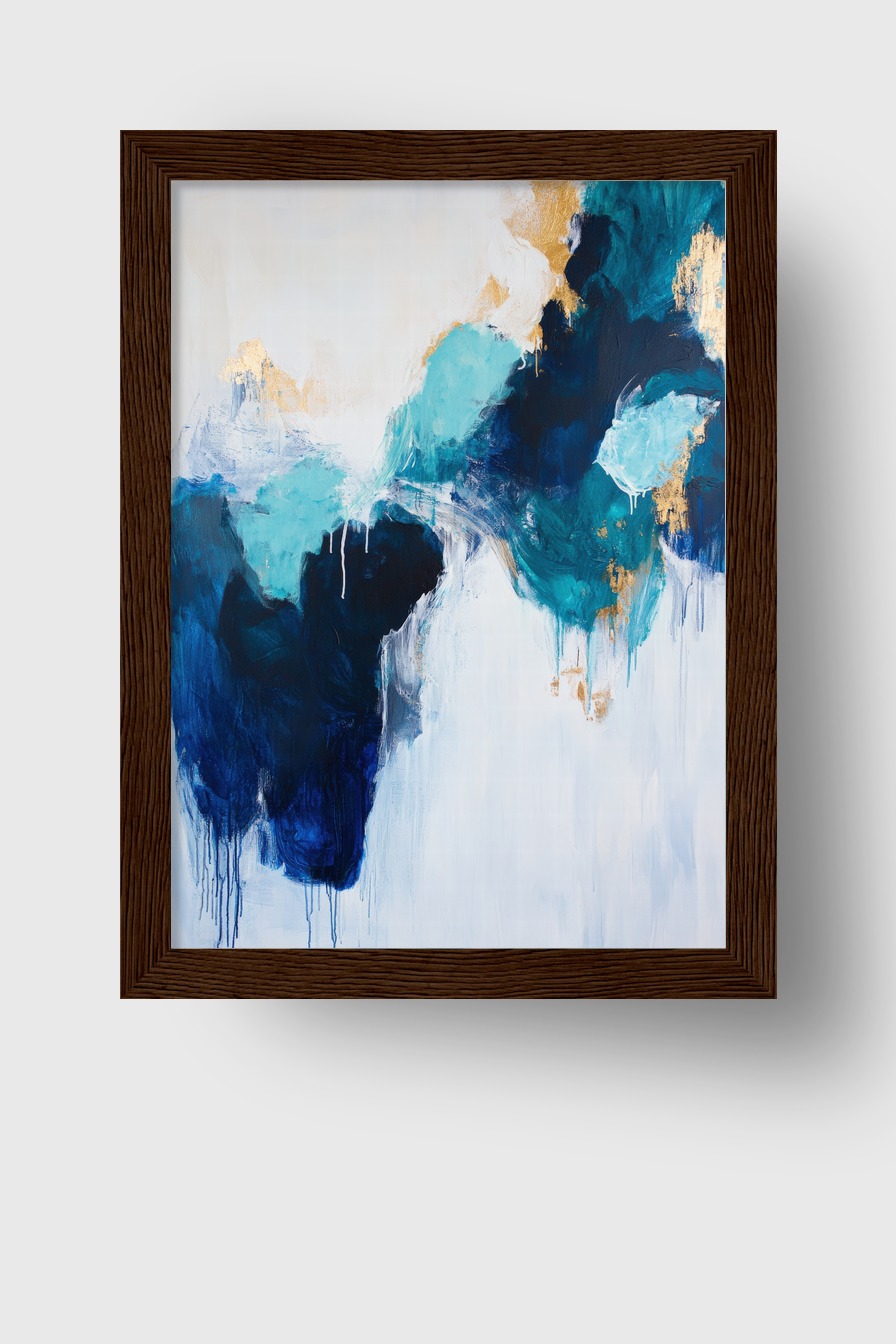 Moderner abstrakter Kunstdruck mit blauen und goldenen Farbflächen und fließenden Übergängen