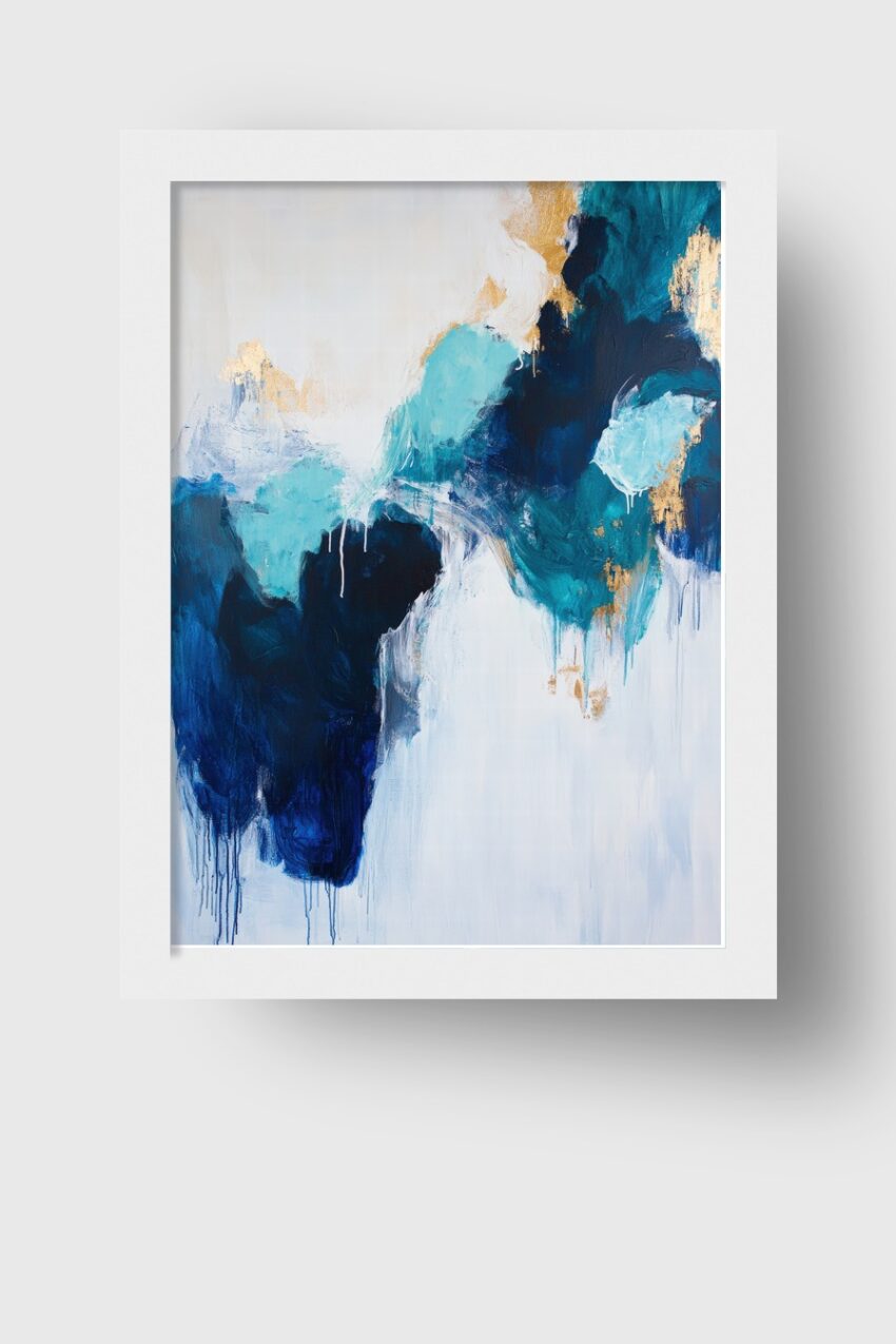 Moderner abstrakter Kunstdruck mit blauen und goldenen Farbflächen und fließenden Übergängen