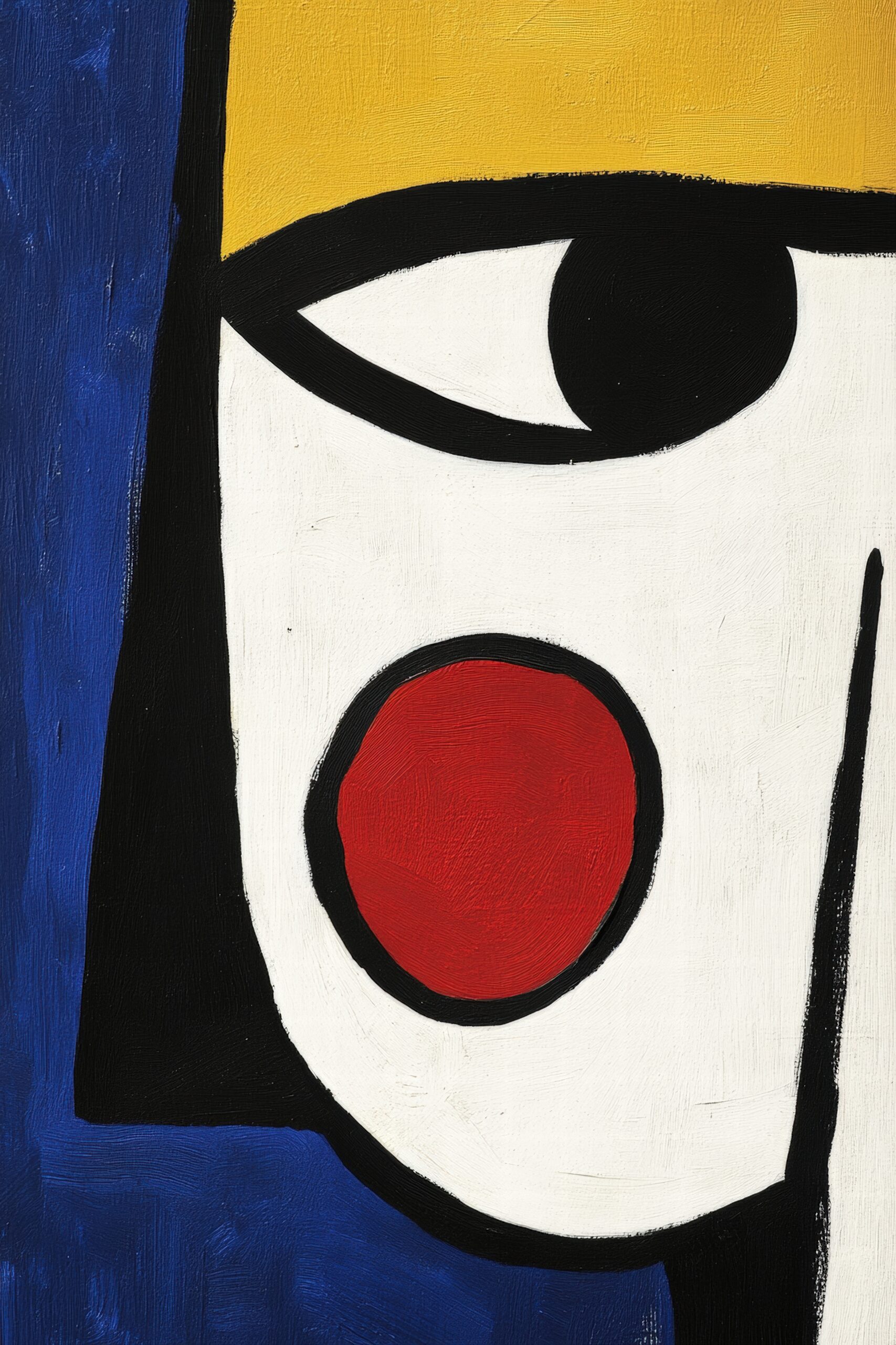 Abstraktes Gesicht mit rotem Wangenpunkt in einem modernen Kunstdruck mit kräftigen Farben und klaren Linien