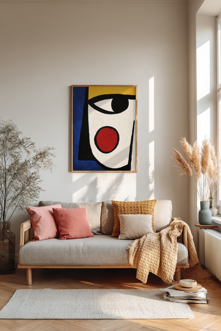 Abstraktes Gesicht mit rotem Wangenpunkt in einem modernen Kunstdruck mit kräftigen Farben und klaren Linien