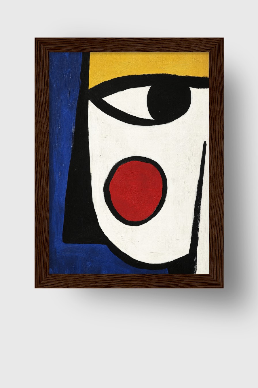 Abstraktes Gesicht mit rotem Wangenpunkt in einem modernen Kunstdruck mit kräftigen Farben und klaren Linien