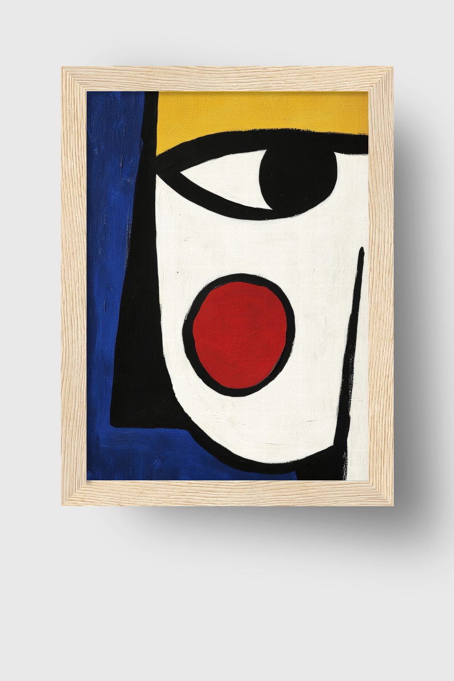 Abstraktes Gesicht mit rotem Wangenpunkt in einem modernen Kunstdruck mit kräftigen Farben und klaren Linien