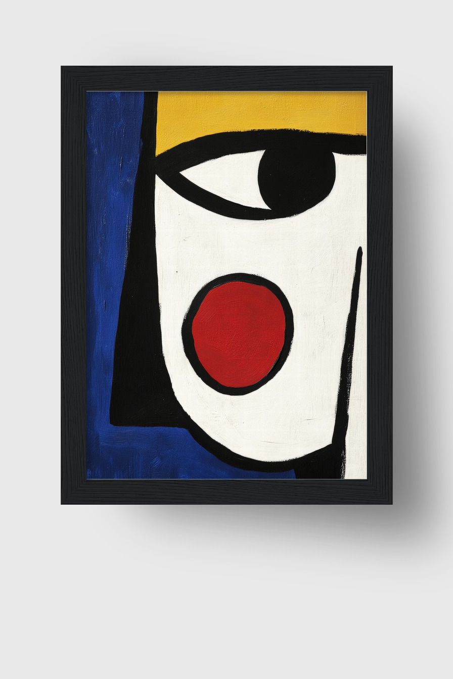 Abstraktes Gesicht mit rotem Wangenpunkt in einem modernen Kunstdruck mit kräftigen Farben und klaren Linien
