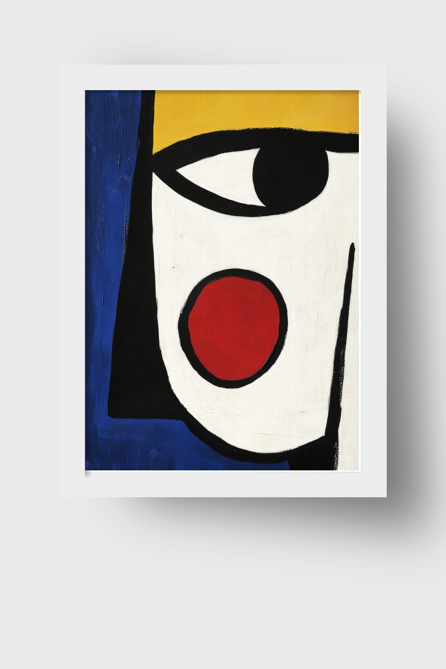 Abstraktes Gesicht mit rotem Wangenpunkt in einem modernen Kunstdruck mit kräftigen Farben und klaren Linien