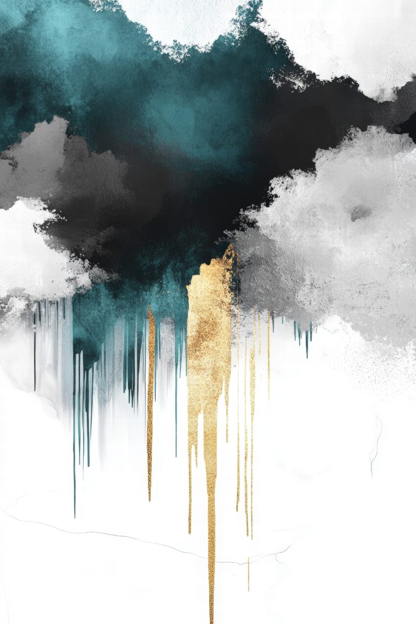 Abstrakter Kunstdruck mit farbigen Verläufen in Blau, Schwarz, Grau und goldenen Tropfen als modernes Wandbild