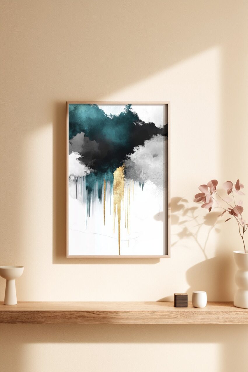 Abstrakter Kunstdruck mit farbigen Verläufen in Blau, Schwarz, Grau und goldenen Tropfen als modernes Wandbild