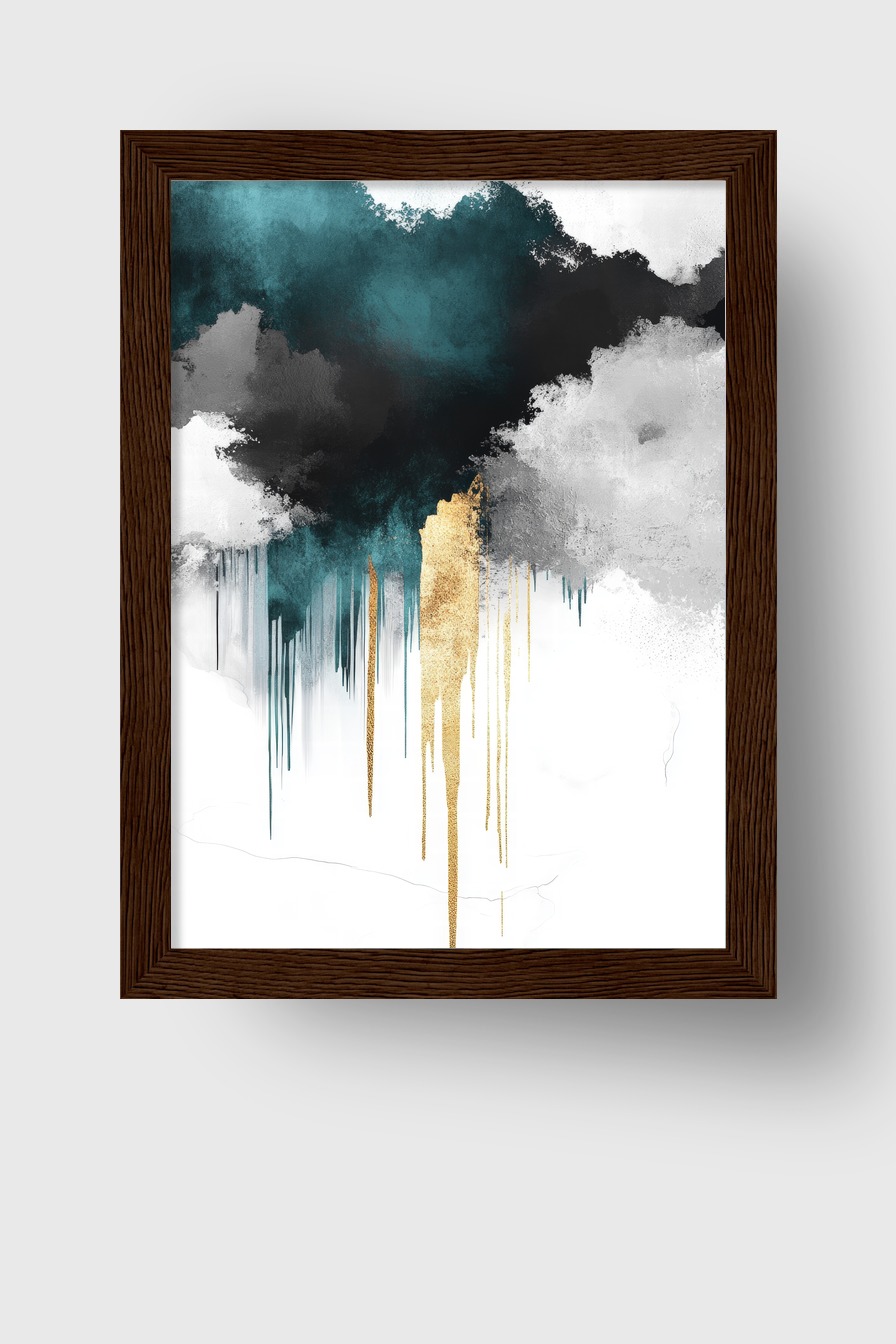 Abstrakter Kunstdruck mit farbigen Verläufen in Blau, Schwarz, Grau und goldenen Tropfen als modernes Wandbild