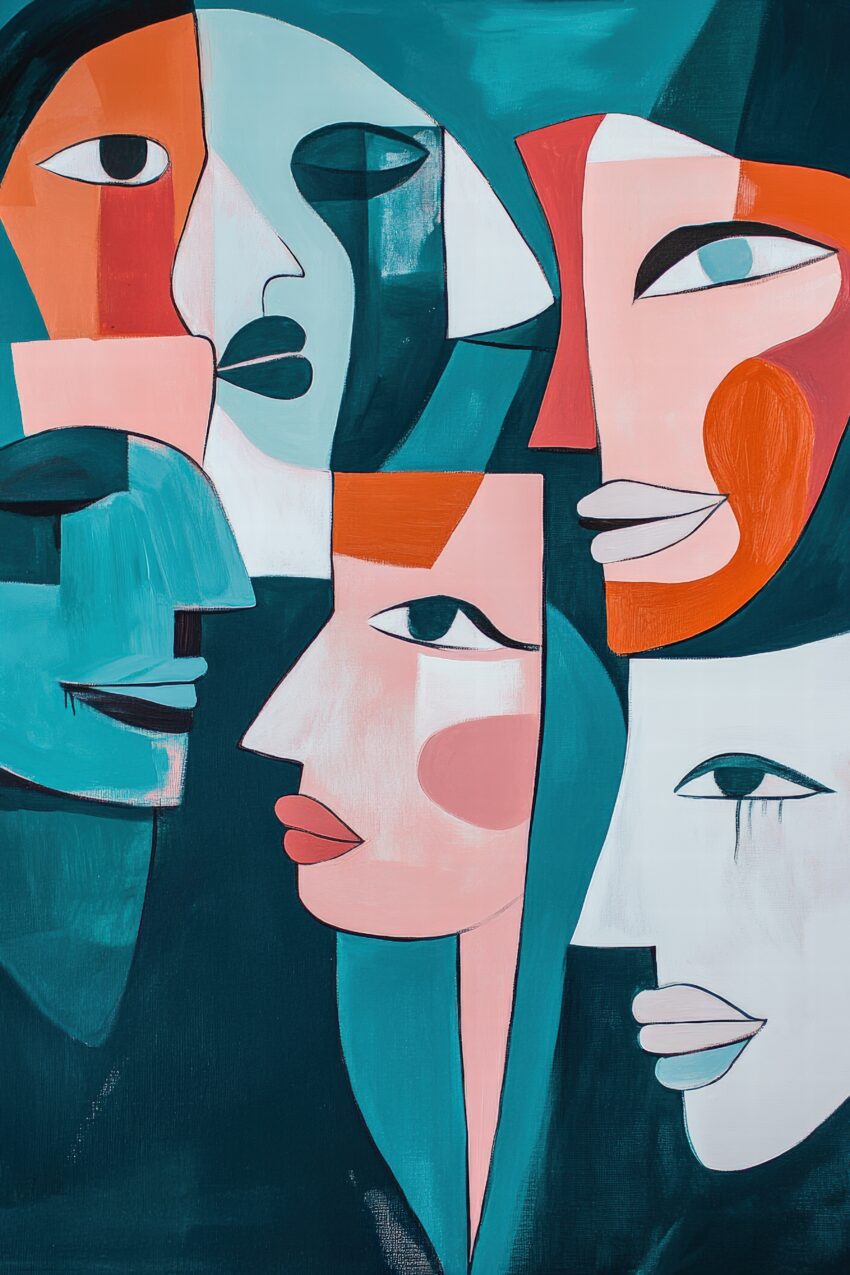 Kunstdruck abstrakte Gesichter in verschiedenen Farben und Formen im modernen Stil