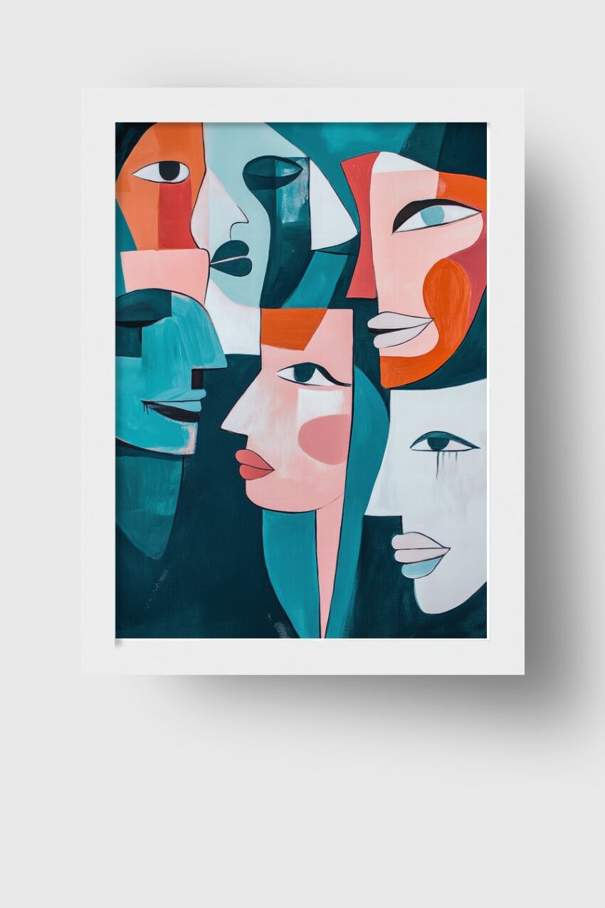 Kunstdruck abstrakte Gesichter in verschiedenen Farben und Formen im modernen Stil