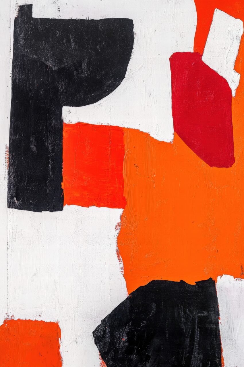 Modernes abstraktes Wandbild mit kräftigen schwarzen, roten und orangen Farbfeldern auf weißem Hintergrund