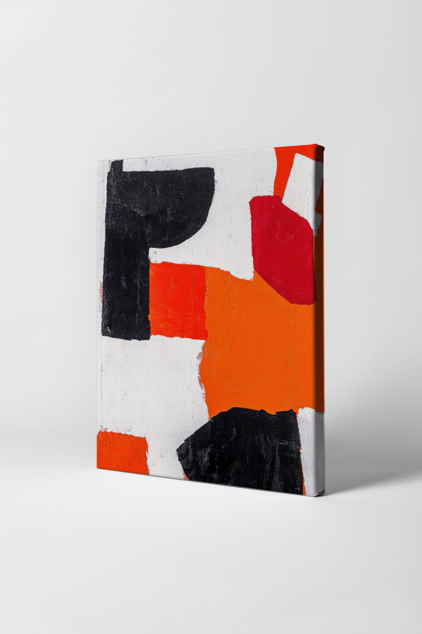 Modernes abstraktes Wandbild mit kräftigen schwarzen, roten und orangen Farbfeldern auf weißem Hintergrund
