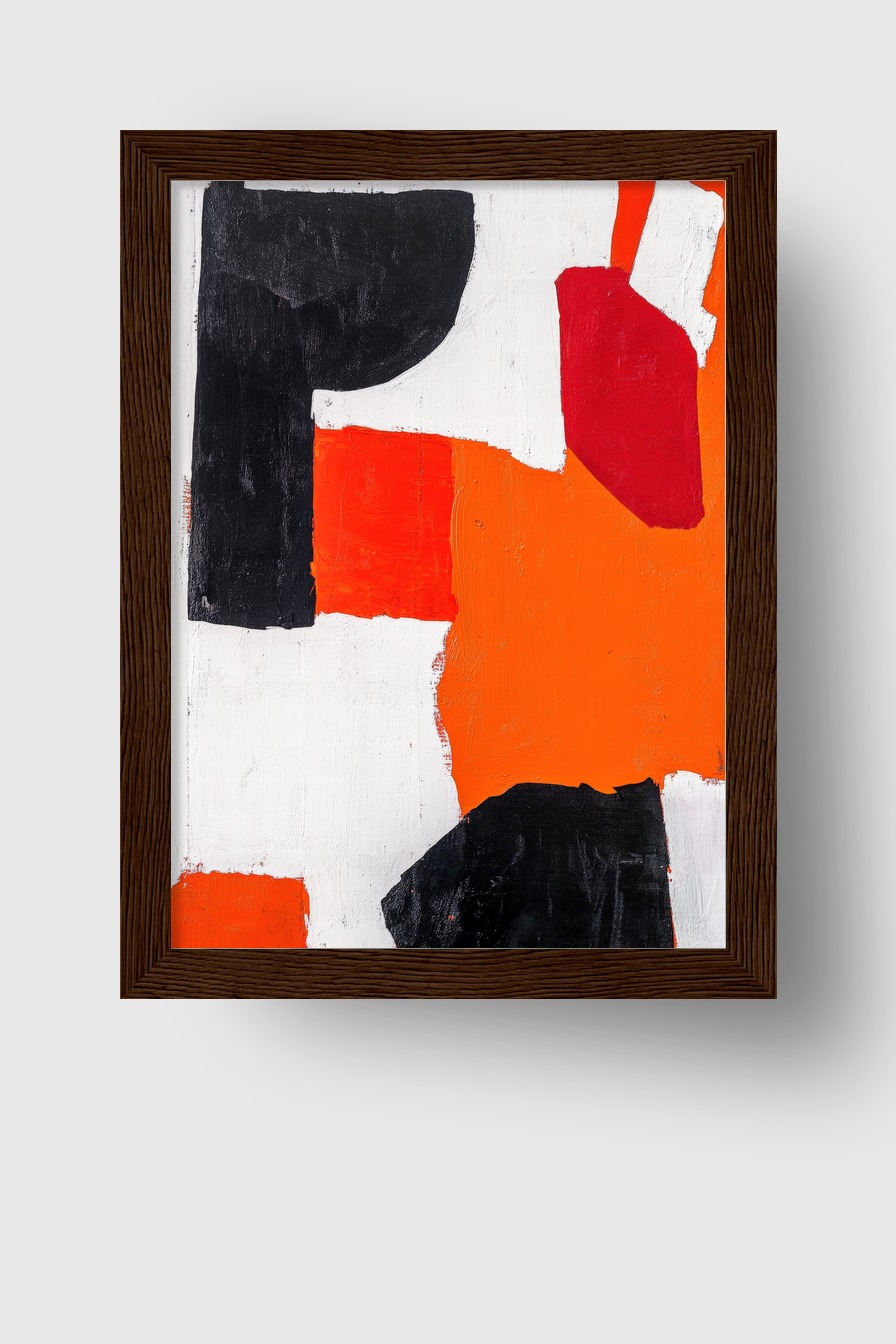 Modernes abstraktes Wandbild mit kräftigen schwarzen, roten und orangen Farbfeldern auf weißem Hintergrund