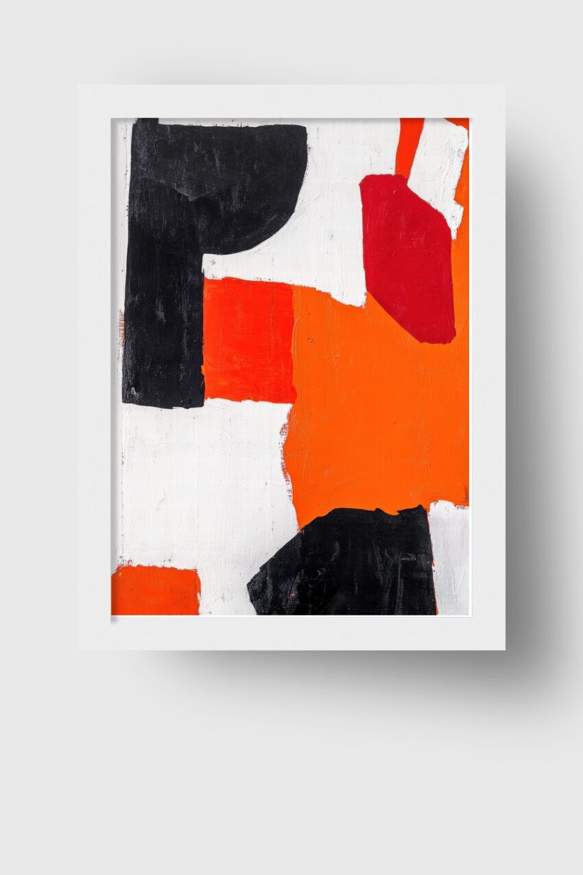 Modernes abstraktes Wandbild mit kräftigen schwarzen, roten und orangen Farbfeldern auf weißem Hintergrund