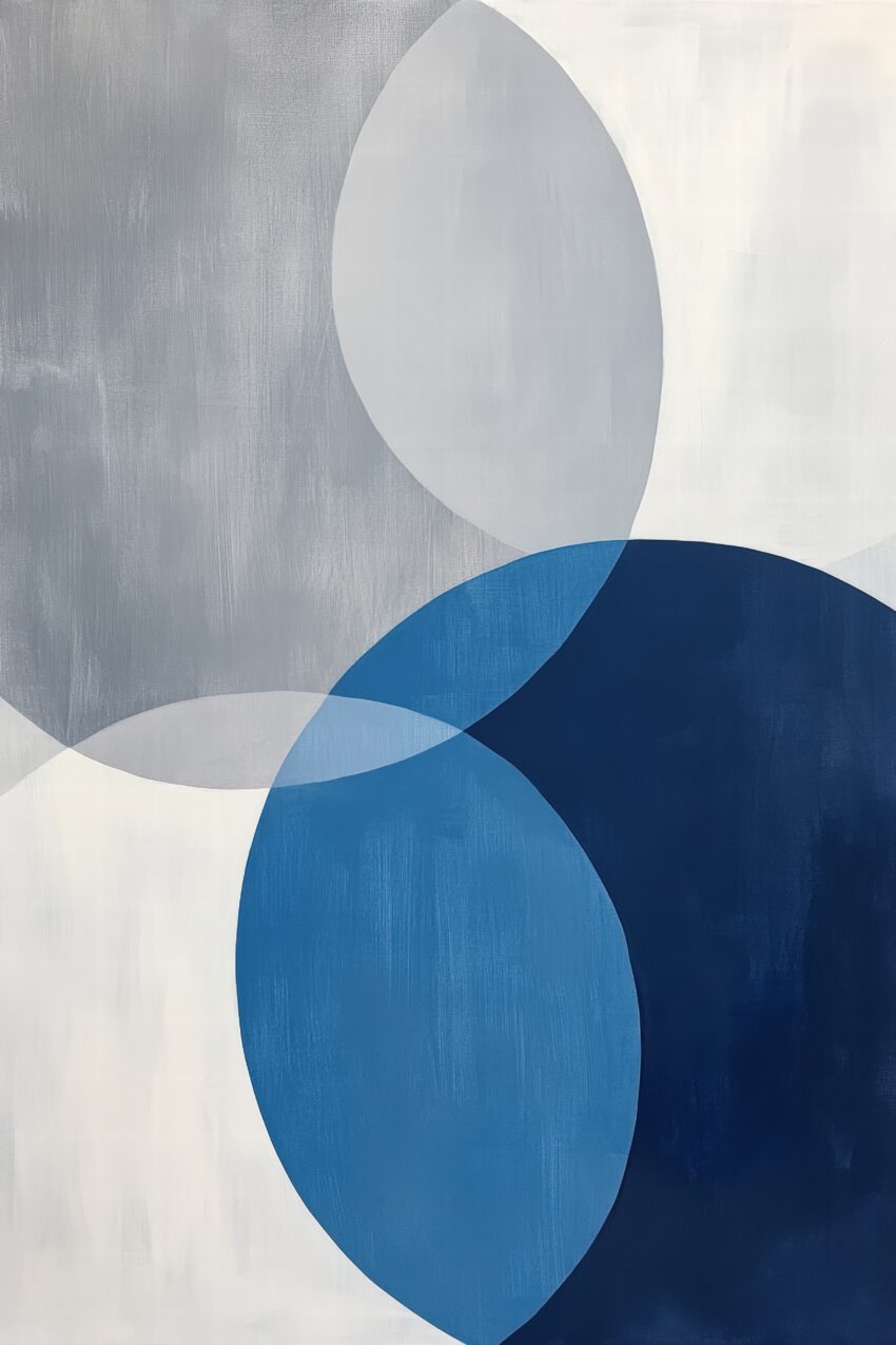 Kunstdruck mit überlappenden Kreisen in Blau und Grau in modernem, minimalistischem Stil