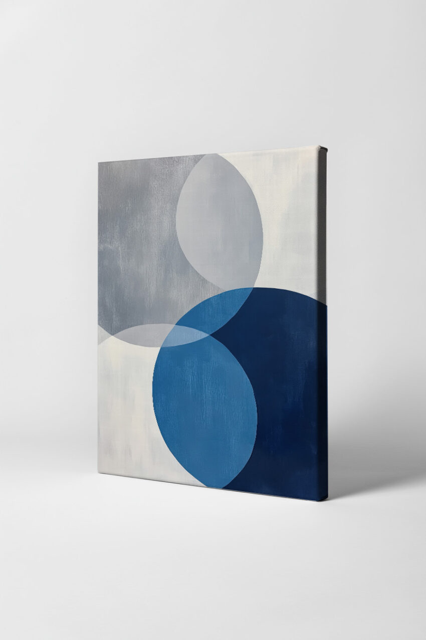Kunstdruck mit überlappenden Kreisen in Blau und Grau in modernem, minimalistischem Stil