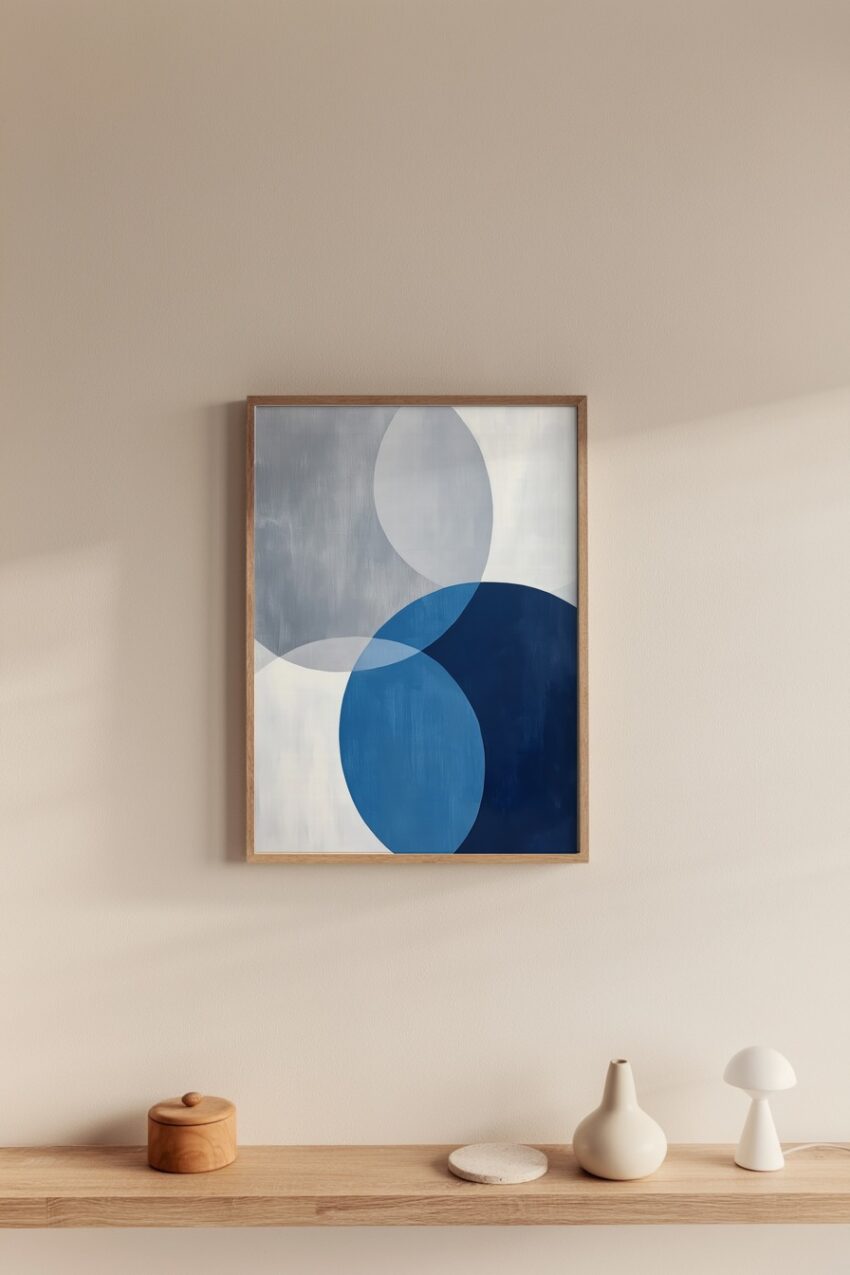 Kunstdruck mit überlappenden Kreisen in Blau und Grau in modernem, minimalistischem Stil