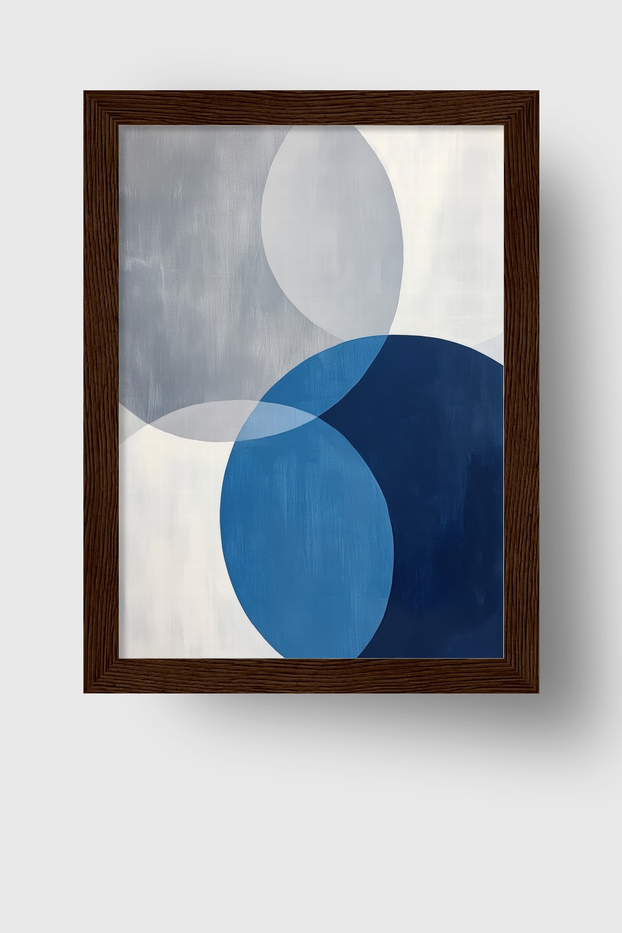 Kunstdruck mit überlappenden Kreisen in Blau und Grau in modernem, minimalistischem Stil