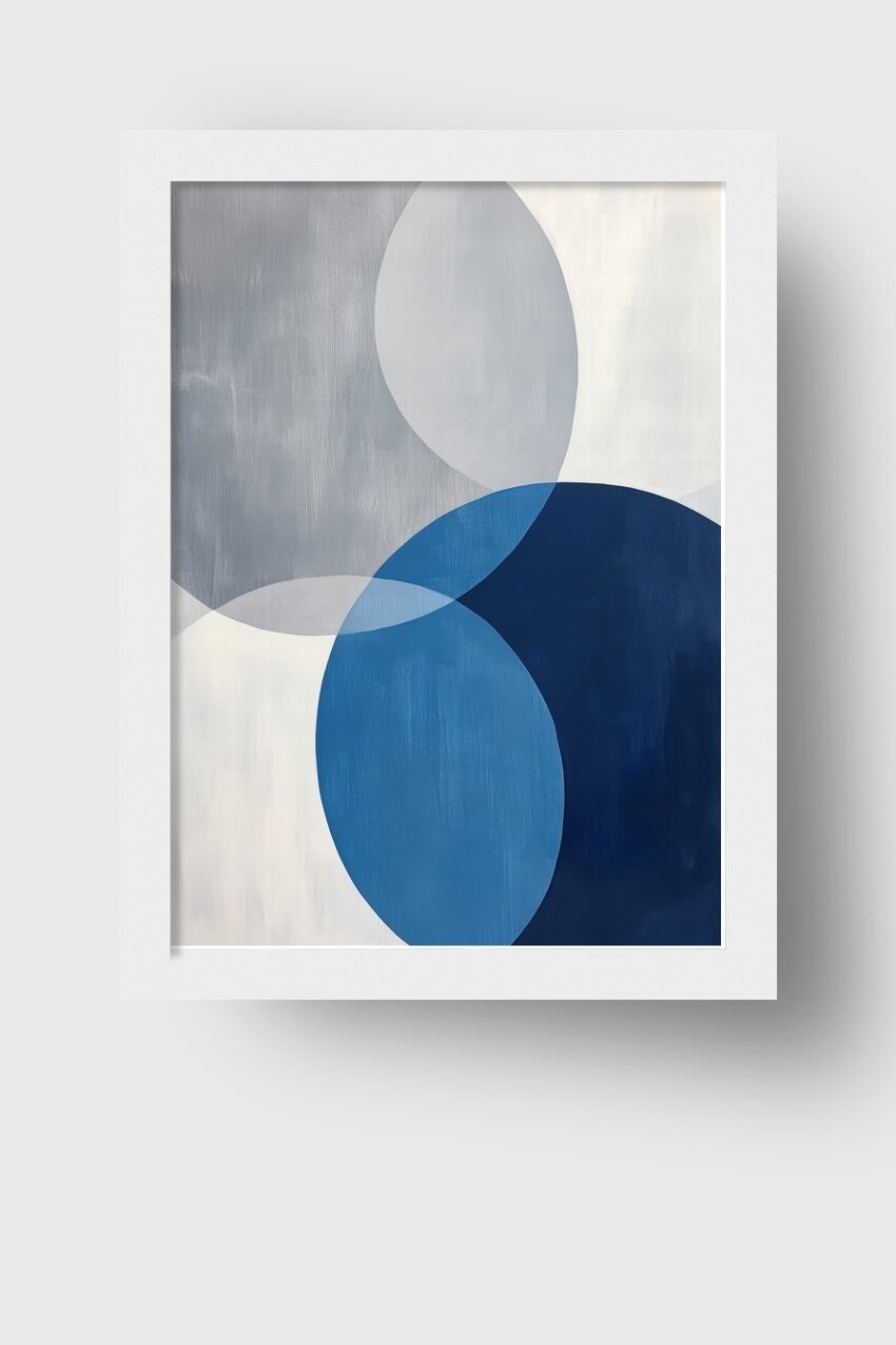 Kunstdruck mit überlappenden Kreisen in Blau und Grau in modernem, minimalistischem Stil