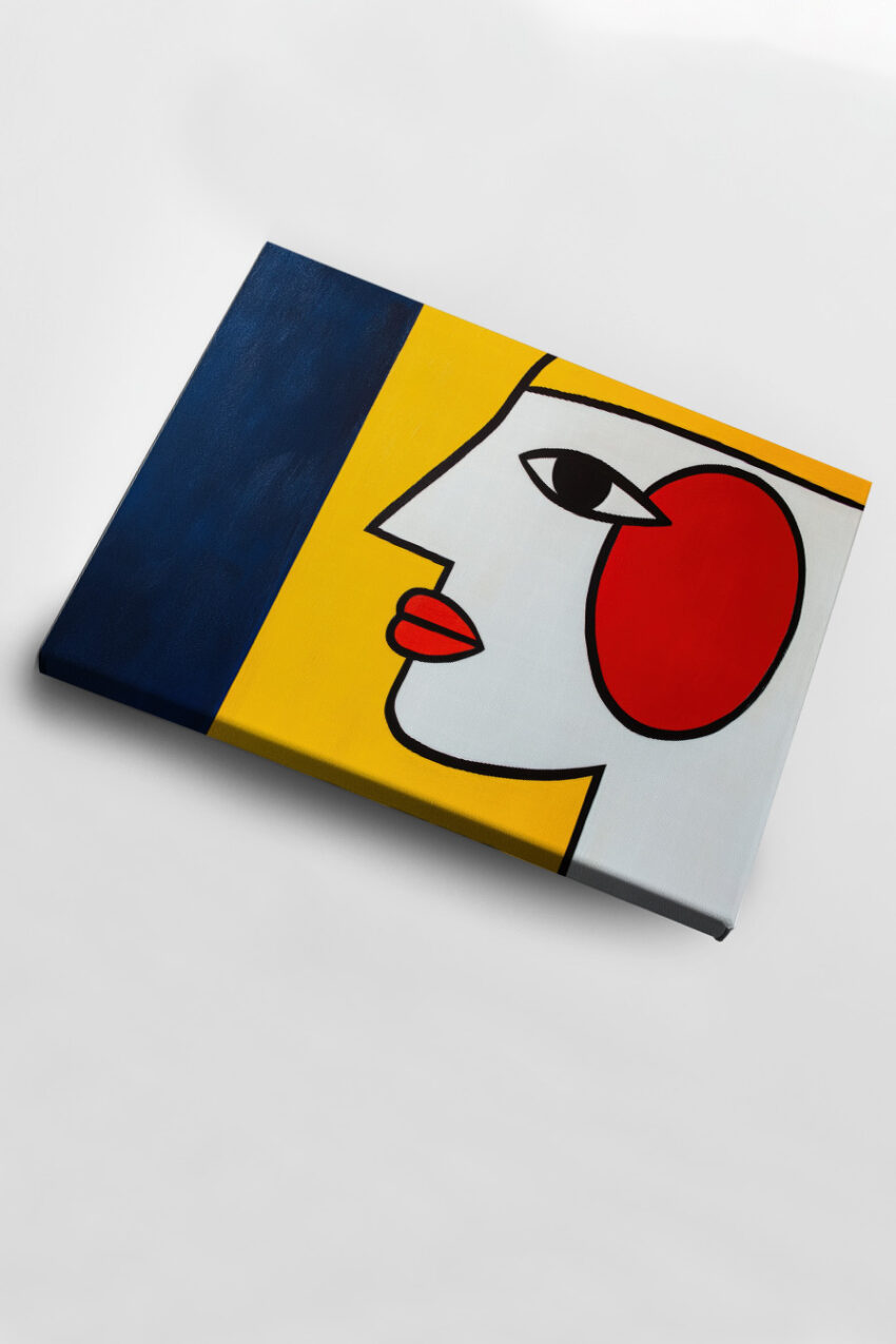 Kunstdruck stilisiertes Gesicht im Profil mit rotem Kreis und gelbem Hintergrund modernes Design