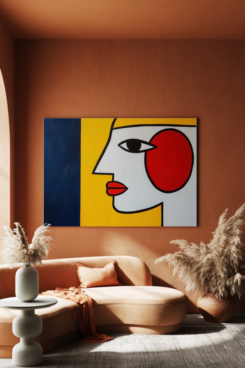 Kunstdruck stilisiertes Gesicht im Profil mit rotem Kreis und gelbem Hintergrund modernes Design