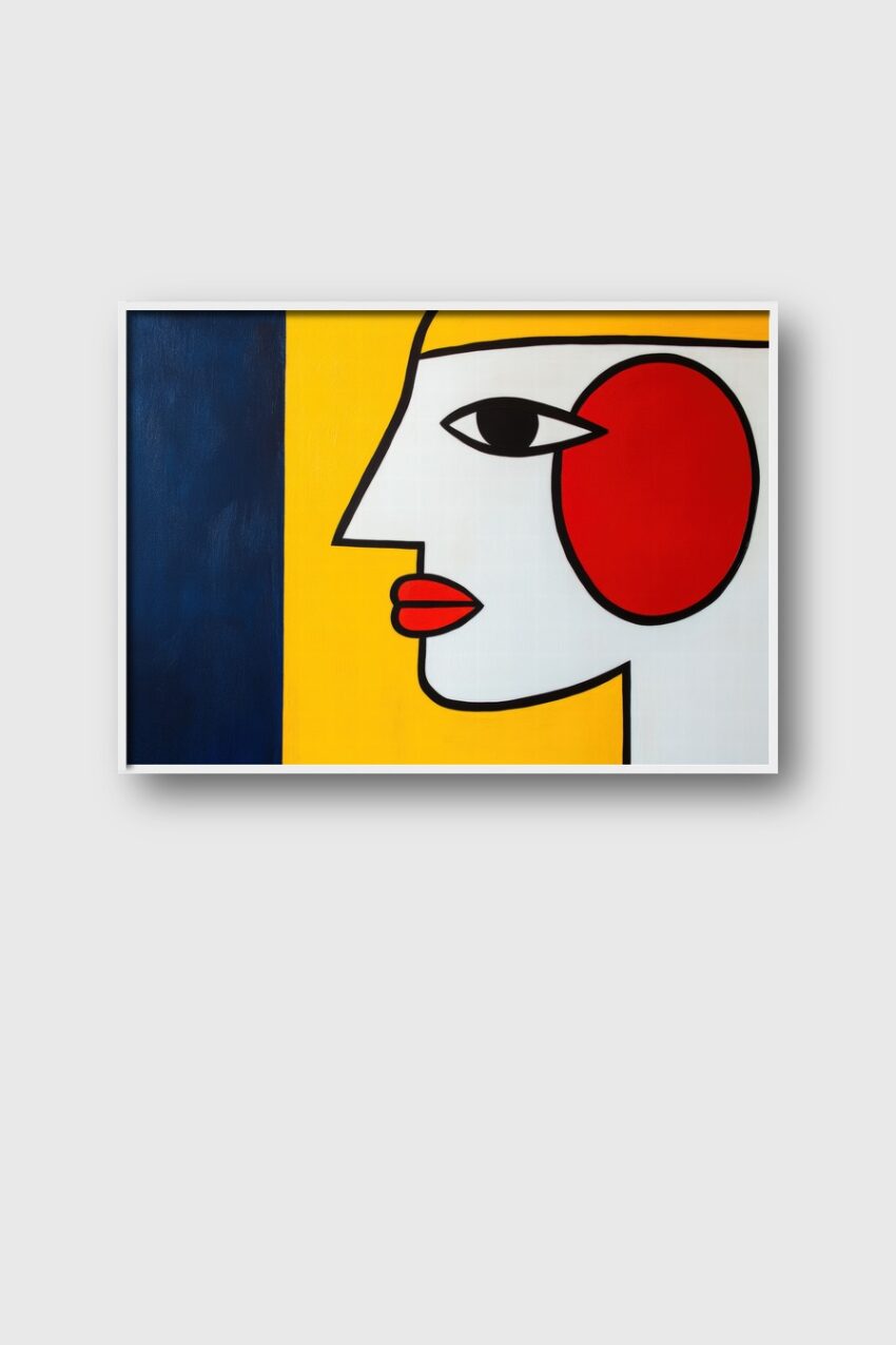 Kunstdruck stilisiertes Gesicht im Profil mit rotem Kreis und gelbem Hintergrund modernes Design