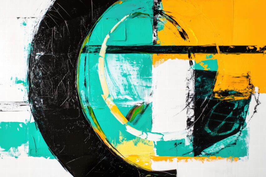 Kunstdruck mit abstrakten geometrischen Formen in Schwarz, Türkis und Gelb mit klaren Farbflächen und Rundungen