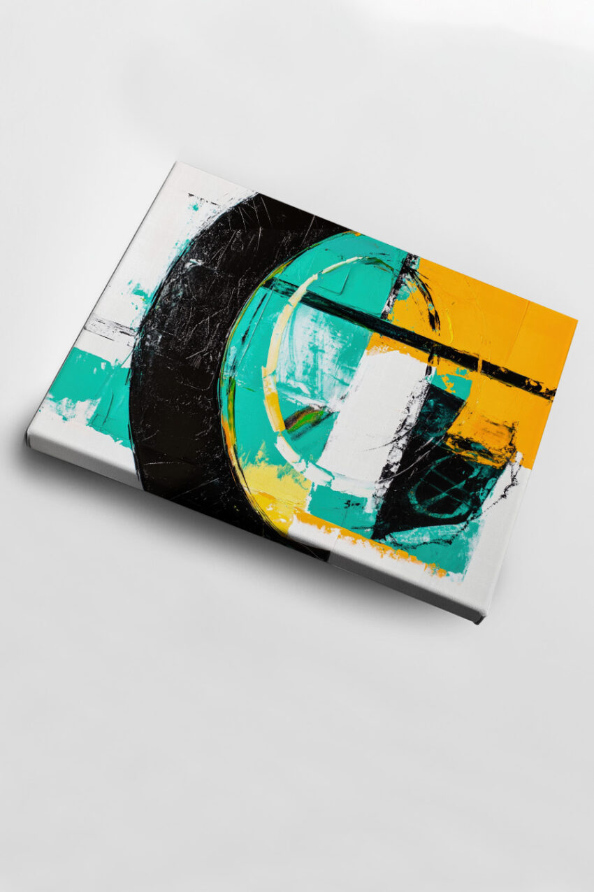 Kunstdruck mit abstrakten geometrischen Formen in Schwarz, Türkis und Gelb mit klaren Farbflächen und Rundungen