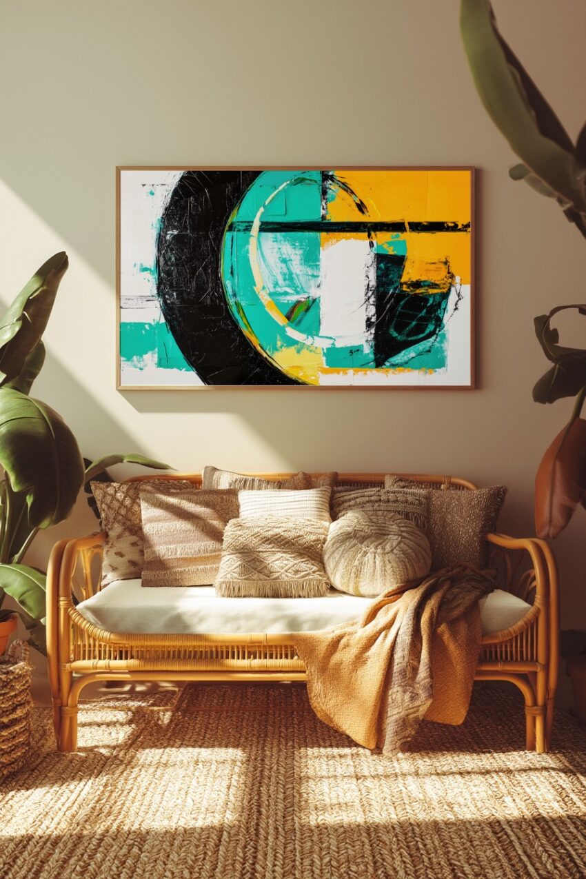 Kunstdruck mit abstrakten geometrischen Formen in Schwarz, Türkis und Gelb mit klaren Farbflächen und Rundungen