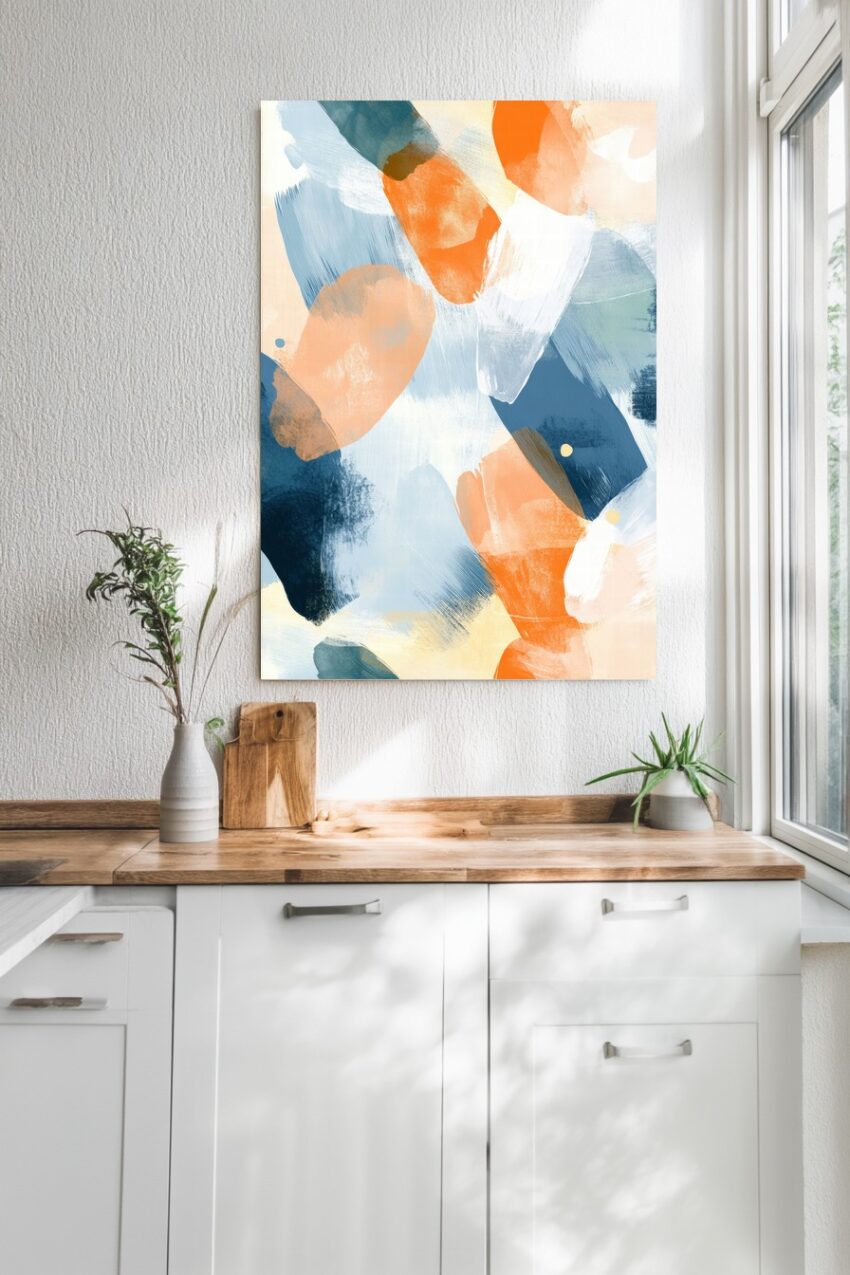 Abstraktes Wandbild mit Pinselstrichen in Orange Blau und Weiß als moderner Kunstdruck