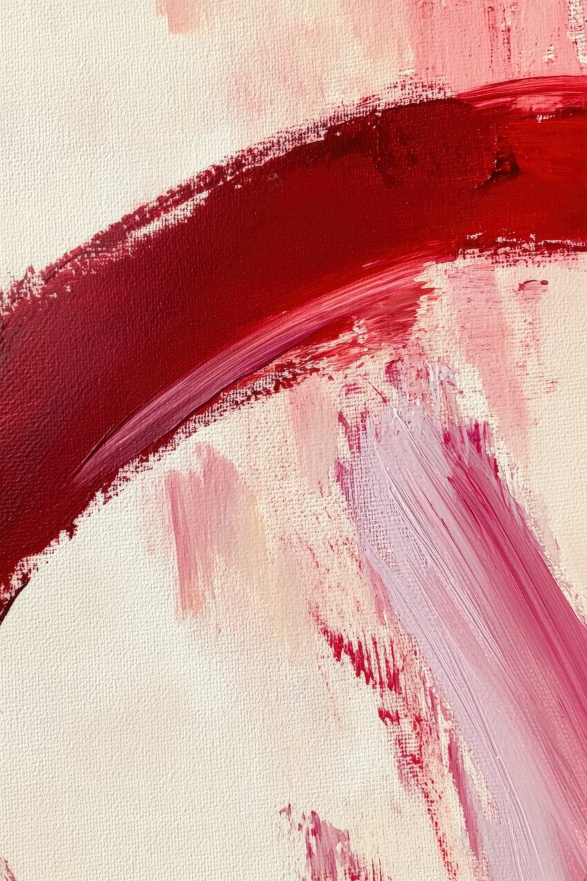 Kunstdruck mit rotem Pinselstrich in Acryl auf hellem Hintergrund, modern abstrakte Malerei mit sichtbarer Leinwandstruktur