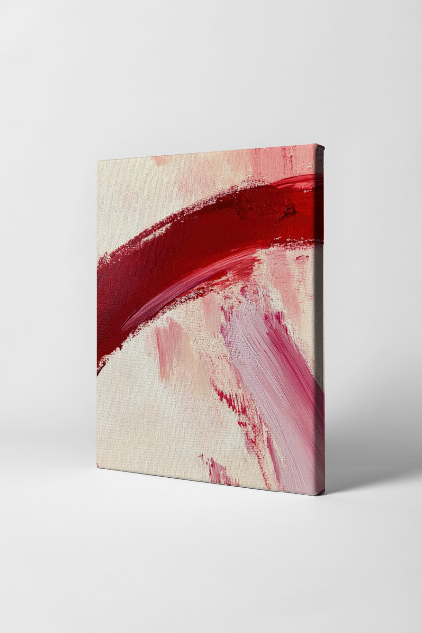 Kunstdruck mit rotem Pinselstrich in Acryl auf hellem Hintergrund, modern abstrakte Malerei mit sichtbarer Leinwandstruktur