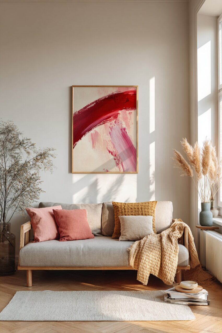 Kunstdruck mit rotem Pinselstrich in Acryl auf hellem Hintergrund, modern abstrakte Malerei mit sichtbarer Leinwandstruktur