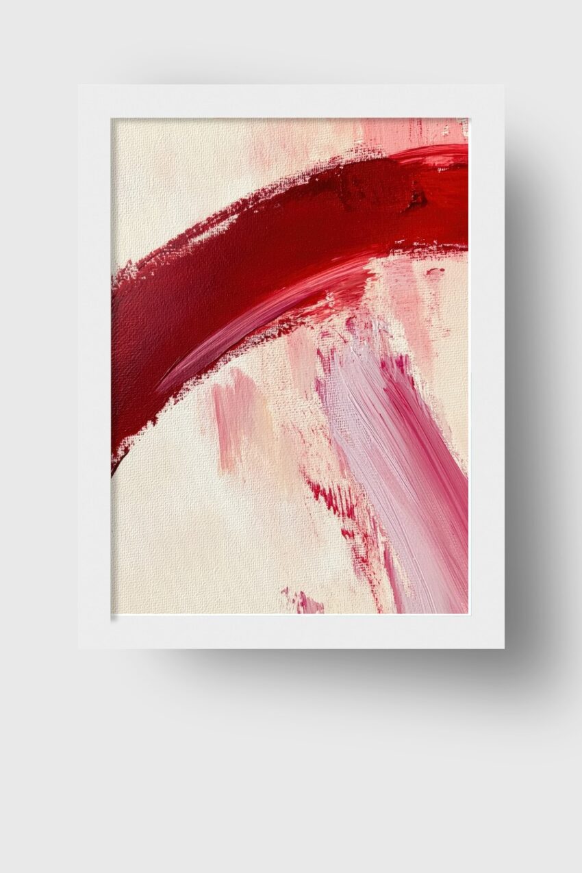 Kunstdruck mit rotem Pinselstrich in Acryl auf hellem Hintergrund, modern abstrakte Malerei mit sichtbarer Leinwandstruktur