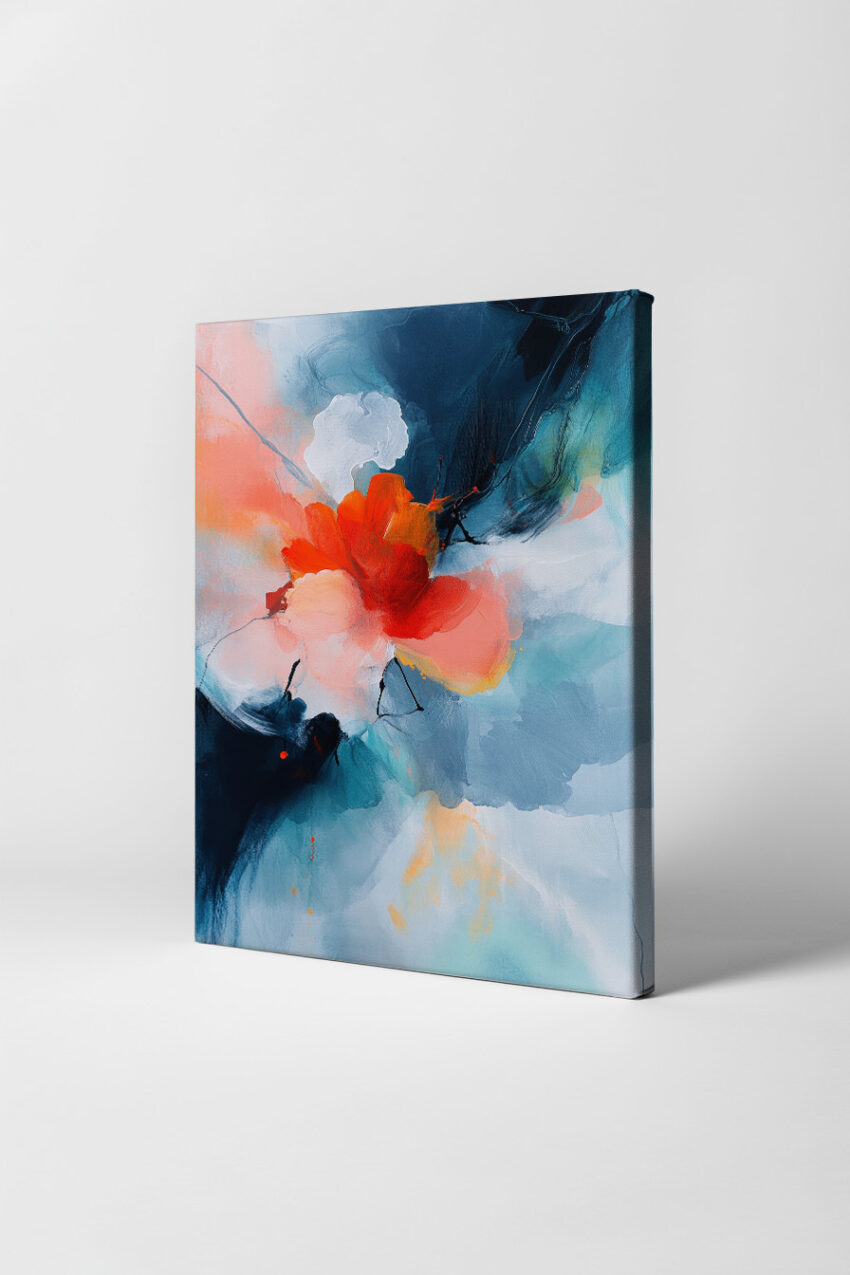Abstraktes Wandbild mit bunter leuchtender Blume in Orange und Blau, moderner Kunstdruck mit lebendigen Farben