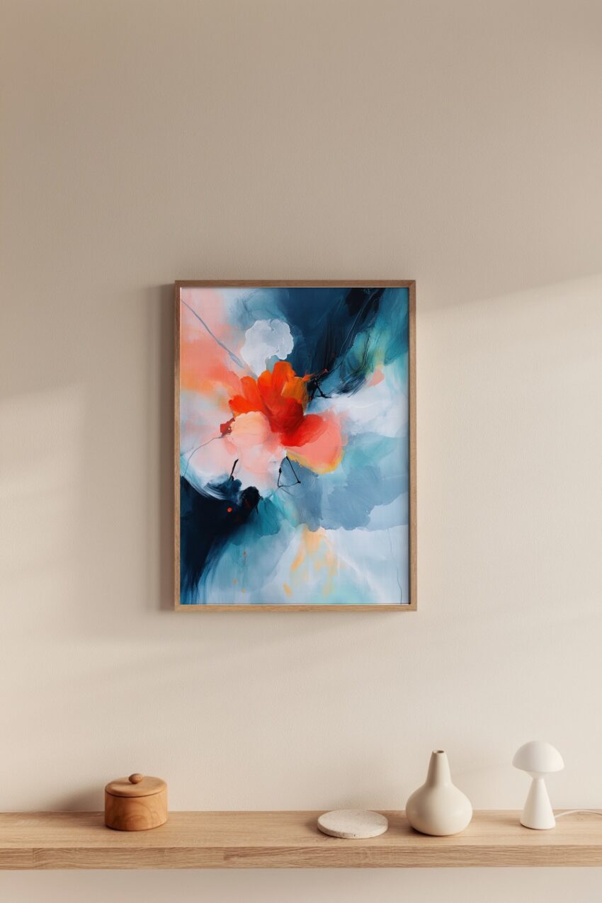 Abstraktes Wandbild mit bunter leuchtender Blume in Orange und Blau, moderner Kunstdruck mit lebendigen Farben