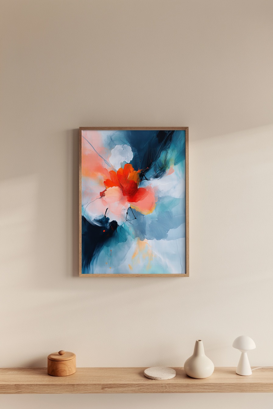 Abstraktes Wandbild mit bunter leuchtender Blume in Orange und Blau, moderner Kunstdruck mit lebendigen Farben